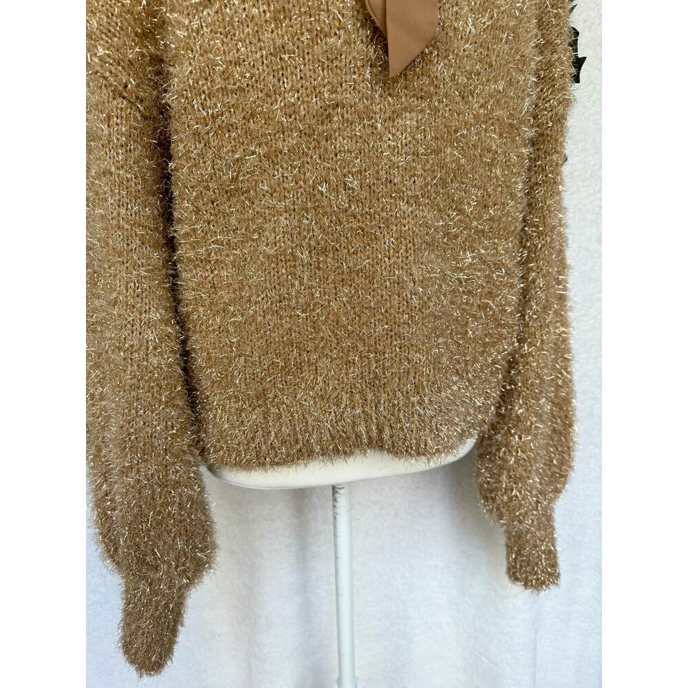 CATO Brown Sparkly Back Bow Balloon Sleeved Sweater Women's Small - Picture 10 of 11